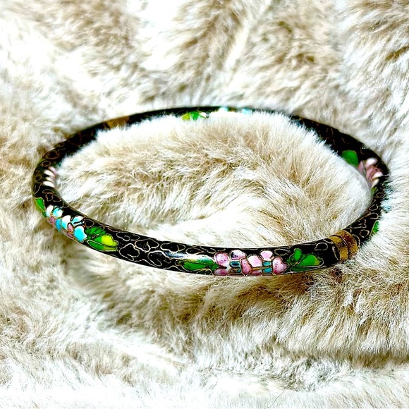 Vintage Cloisonné Enamel Hinged Bangle - Picture 2 of 5